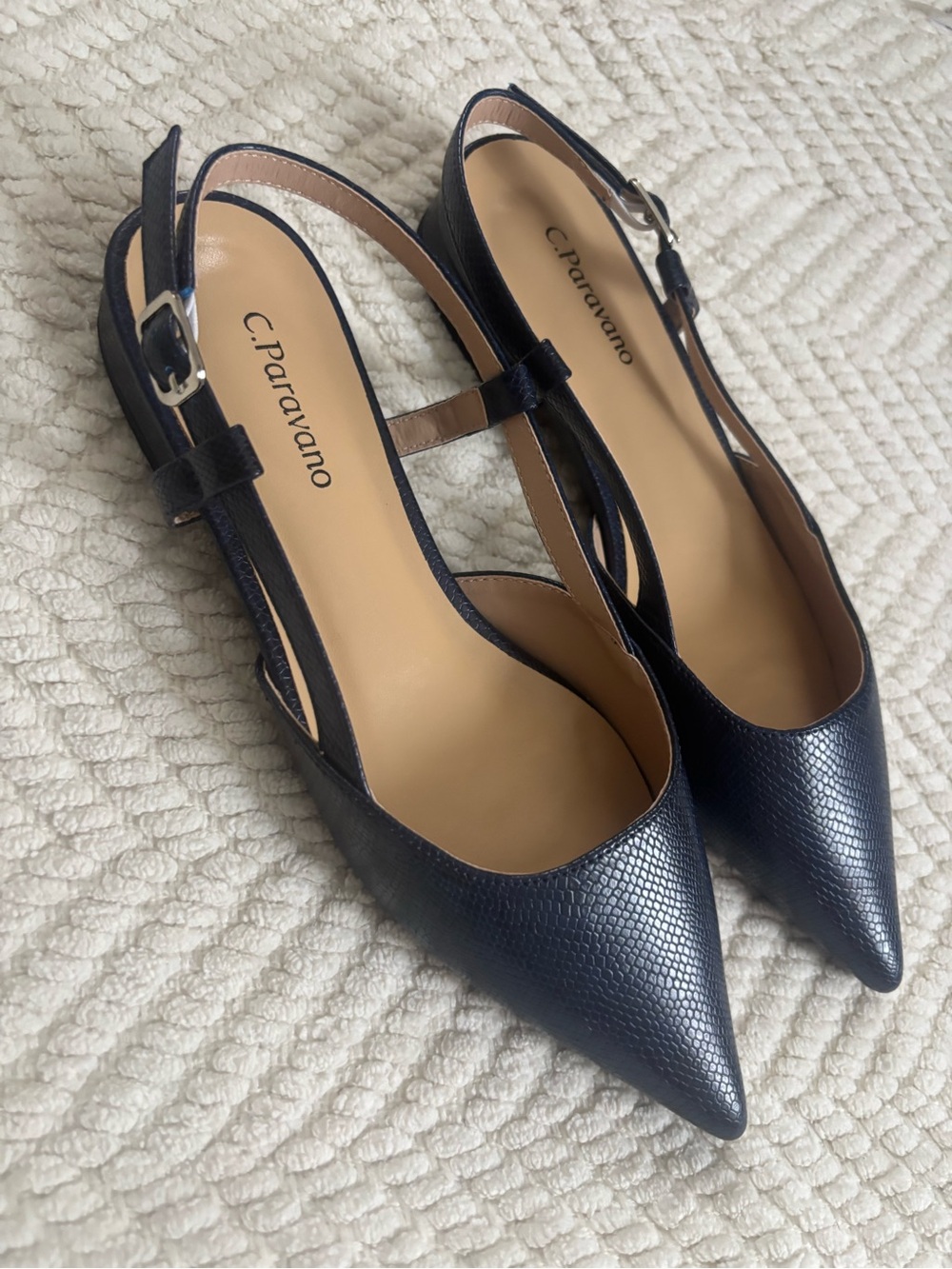 C. Paravano Navy Textured Pointed Slingback Flats